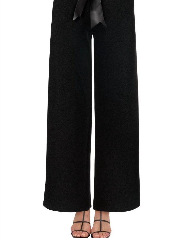 Front of a model wearing a size XL Palazzo Velvet Wide Leg Pant In Black in Black by GRETCHEN SCOTT. | dia_product_style_image_id:358273
